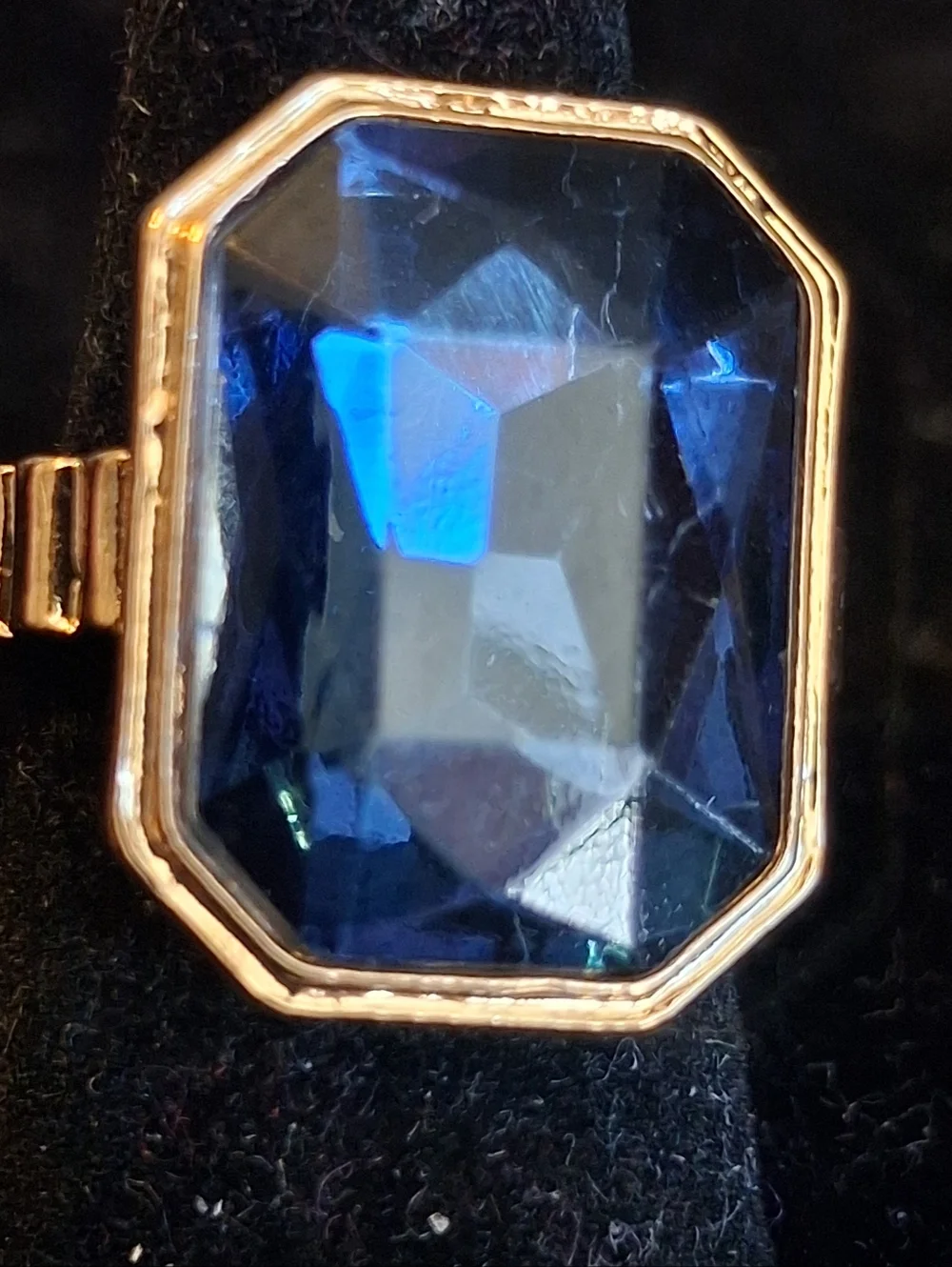 Goldtone Frame Blue Gem Octagon Statement Ring - Women Jewelry